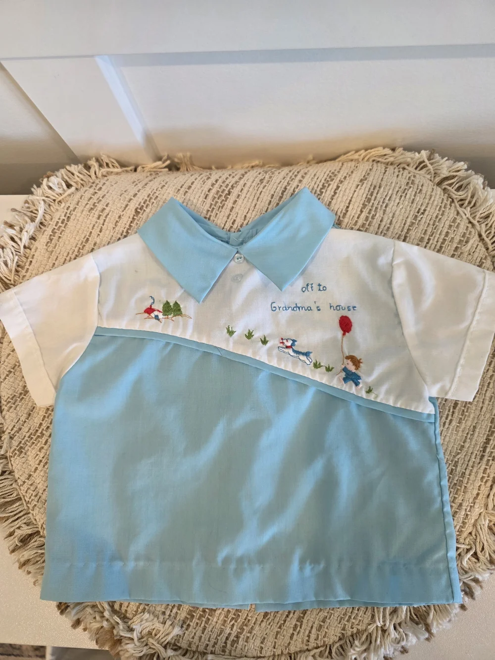 Vintage Nostalgic Infant 3-6 Month Blue and White Embroidered Baby Swing Shirt